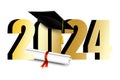 Golden 2024 numerals with a graduation cap and diploma. Vector illustration. EPS 10. Royalty Free Stock Photo