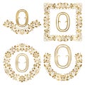 Golden O letter ornamental monograms set. Heraldic symbols in wreaths, square and round frames