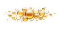 Golden oil bubbles. Cosmetic collagen serum, castor argan jojoba essence vector realistic template isolated on white