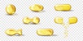 Golden oil capsule set. Realistic shiny medicine pills with gold yellow fish oil or omega 3 vitamin Royalty Free Stock Photo