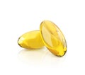 Golden oil capsule of vitamin A, E, Omega 3 or collagen. Vector realistic mockup of medical pill with fish fat or organic cosmetic