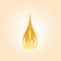 Golden oil drop, serum droplet or yellow clear water on beige background 3d render. Realistic mockup of cosmetic Royalty Free Stock Photo