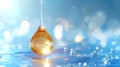 Droplet of golden oil essence floats above the water surface with a blurred background of blue and white lights