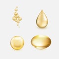 Golden oil essence collection in realistic style with shadows and glares. Gold olive bubbles, drop and pill in isolated on Royalty Free Stock Photo