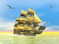 Golden old merchant ship - 3D render