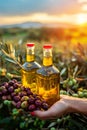Golden olive oil bottles and fresh olives in rural field under morning sunlight, with copy space