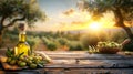 Golden olive oil bottles in rural field with olives under morning sun, wide banner with text space Royalty Free Stock Photo