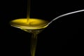 Golden olive oil over metal spoon