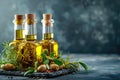 Golden olive oil and vinegar bottles with thyme and aromatic herbs leaves Royalty Free Stock Photo