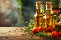 Golden olive oil and vinegar bottles with thyme and aromatic herbs leaves Royalty Free Stock Photo