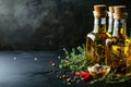 Golden olive oil and vinegar bottles with thyme and aromatic herbs leaves Royalty Free Stock Photo