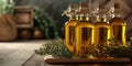 Golden olive oil and vinegar bottles with thyme and aromatic herbs leaves Royalty Free Stock Photo