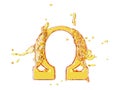 Golden omega sign with shiny splashes on a white background. 3D rendering