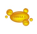Golden omega 3 on white background. Vector design. Logo design. Logo fish. Isolated vector sign symbol