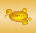 Golden omega 3 on white background. Vector design. Logo design. Logo fish. Isolated vector sign symbol.