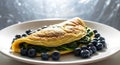 Delicious Spinach Omelet Garnished with Fresh Blueberries on a White Plate Royalty Free Stock Photo