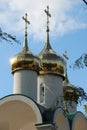 Golden onion domes on top of the belfry at the Presentation of the Child Jesus church in Tiraspol, Transnistria, Moldova