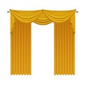 Golden open luxury curtains with vintage silk drapery, 3D gold fabric cloth texture with drape for show or event