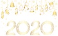 2020 golden openwork figures and hanging Christmas toys isolated vector illustration on a white background. Template for design. Royalty Free Stock Photo