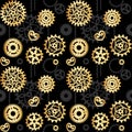 Seamless template with golden openwork gears on a black background with gray cogwheels and chains