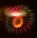 Golden orange amazing fireworks isolated in dark background close up with the place for text, Malta fireworks festival Royalty Free Stock Photo