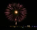 Golden orange amazing fireworks isolated in dark background close up with the place for text, Malta fireworks festival Royalty Free Stock Photo