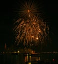 Golden orange amazing fireworks isolated in dark background close up with the place for text, Malta fireworks festival, 4 of July, Royalty Free Stock Photo