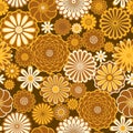 Golden orange circle daisy flowers natural seamless pattern, vector