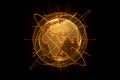 Golden, orange hologram of the planet earth made of dots isolated on a black background. Globalization, network, fast internet. Royalty Free Stock Photo