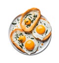 Breakfast Fried Eggs with Toast Topped with fragrant spices a clean white background