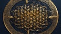 golden ornament on blue A gold flower of life on a dark blue background. Circles and stars in a radiant pattern. Shiny Royalty Free Stock Photo