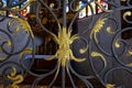 Golden ornament detail on iron fence at sacred site in cathedral