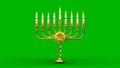 golden ornamental hanukkah menora flaming isolated, conceptual object 3D rendering