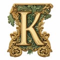 Golden Ornate Alphabet K In Green - Meticulously Detailed Still Life Royalty Free Stock Photo