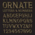 Golden ornate capital letters and numbers with tendrils. Decorative patterned vintage font. Isolated latin alphabet with figures.