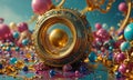 golden, ornate object with circular opening is surrounded by vibrant array colorful balls and gemstones, Royalty Free Stock Photo