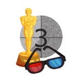 Golden Oscar statuette and 3D glasses in a gray circle. Vector illustration on a white background.