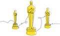 Golden Oscar statuettes in one line on a white background.