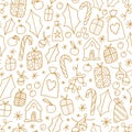 Golden outline Christmas mood seamless pattern illustration with tangerines, presents, candies and decorations Royalty Free Stock Photo