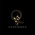 Golden Outline Letter Q Luxury Logo Icon, Vintage Gold Q Letter Logo Design Template