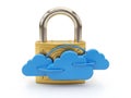 Golden padlock with blue clouds and rainbow, isolated on white background Royalty Free Stock Photo