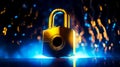 Golden padlock with blue light in the background and blurry boke of lights in the foreground. Generative AI Royalty Free Stock Photo