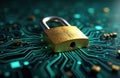 Golden padlock on circuit board. Cyber security safety lock for data protection, digital computer system access. Internet