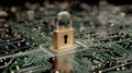 Golden padlock on digital circuit board symbolizing cyber security and data protection, high tech encryption and privacy concept Royalty Free Stock Photo