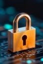 Golden padlock glowing in cyber security digital space high tech encryption protection concept data safety network firewall
