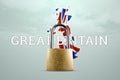 Golden padlock with great briton map and great briton national flag background. Isolation concept, border closure, epidemic. 3D