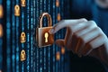 Golden Padlock and Hand Against Digital Code Representing Data Security and Protection Royalty Free Stock Photo
