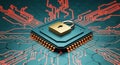 Golden padlock securing a microchip processor with glowing red circuit pathways on a digital background Royalty Free Stock Photo