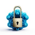 A golden padlock securing a bright blue abstract cloud shape representing cloud security and data protection Royalty Free Stock Photo