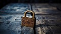 A golden padlock sitting on a wooden table with the key in it, AI Royalty Free Stock Photo